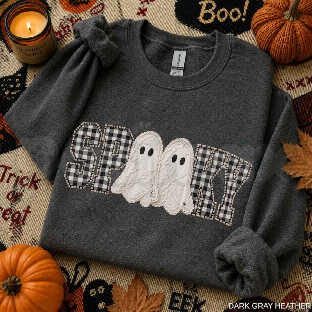 Faux Patchwork Spooky Ghost Sweatshirt | Cozy Halloween Graphic Top ...