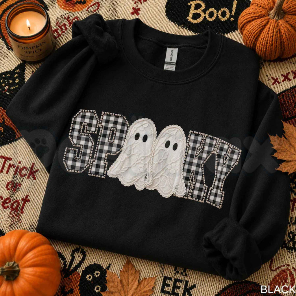 Faux Patchwork Spooky Ghost Sweatshirt | Cozy Halloween Graphic Top ...