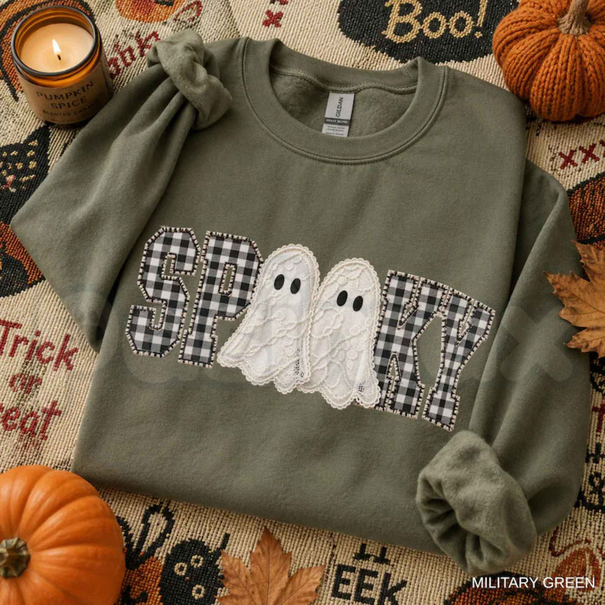 Faux Patchwork Spooky Ghost Sweatshirt | Cozy Halloween Graphic Top ...